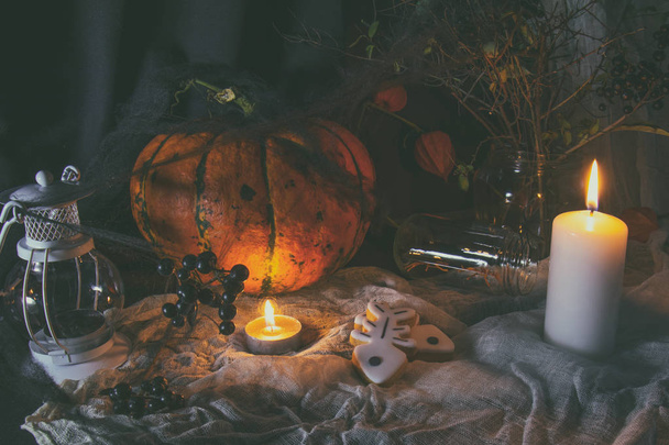 Halloween home decorations on dark background - Photo, image