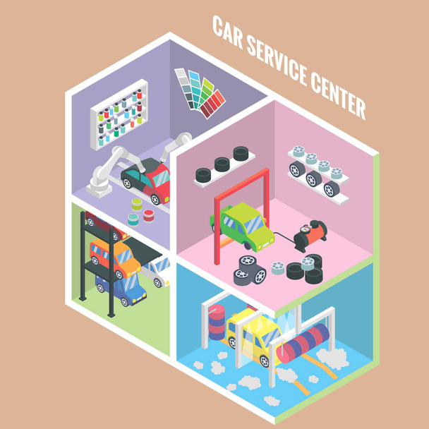 Samochodowe usługi centrum izometryczny ikony. Wektor 3d płaskie elementy projektu. Auto, malowanie, naprawy kolizji, wielopoziomowy parking, Myjnia samochodowa, zmienić opony, mechanik garaż - Wektor, obraz