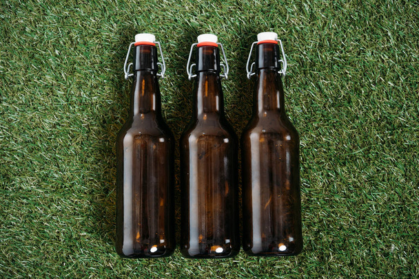Botellas de cerveza sobre hierba
 - Foto, Imagen