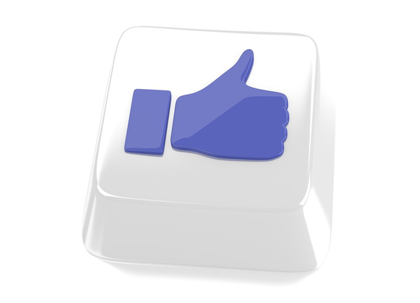 Thumb up icon in blue on white computer key. 3d illustration. Isolated background. - Photo, Image