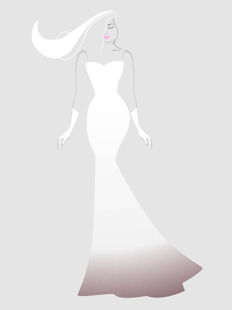 Young and beautiful girl in a long fantasy dress, standing on a gray background. - Vector, Image