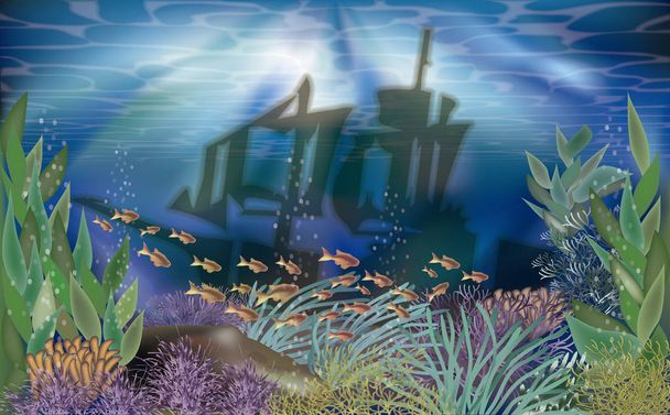Underwater tropical wallpaper with ship , vector illustration - Vektor, obrázek