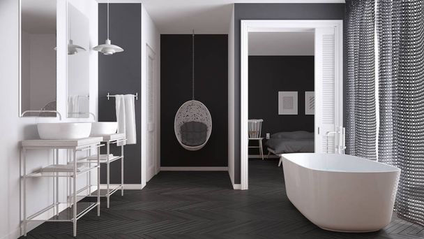 Minimalistické bílé a šedé skandinávské koupelna s ložnicí v  - Fotografie, Obrázek