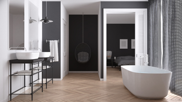 Minimalistické bílé a šedé skandinávské koupelna s ložnicí v  - Fotografie, Obrázek
