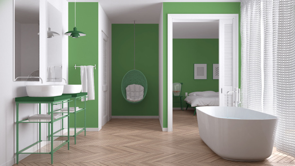 Мінімалістична біло-зелена скандинавська ванна кімната зі спальнею в
 - Фото, зображення
