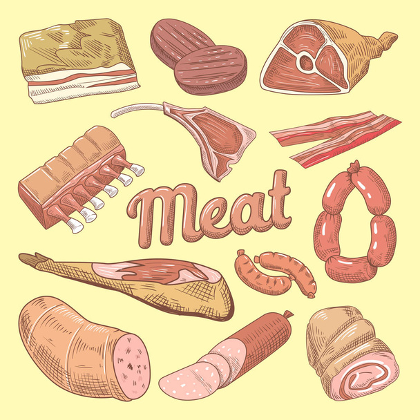 Hand Drawn Meat Doodle with Pork, Sausages - Vector, Image