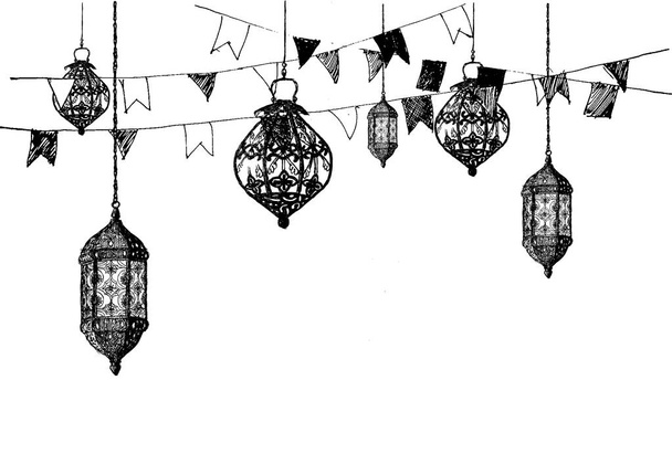 Ramadan Kareem Iftar partij viering, Eid Al Fitr Mubarak, Hand getrokken schets Vector Illustratie. - Vector, afbeelding