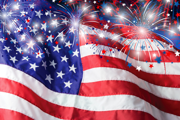 USA σημαία με πυροτεχνήματα υπόβαθρο για 4 Ιουλίου ημέρα της ανεξαρτησίας - Φωτογραφία, εικόνα