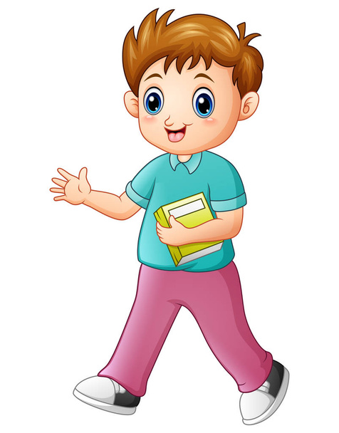 Αγόρι καρτούν που κρατά ένα βιβλίο με κουνώντας το χέρι - Διάνυσμα, εικόνα