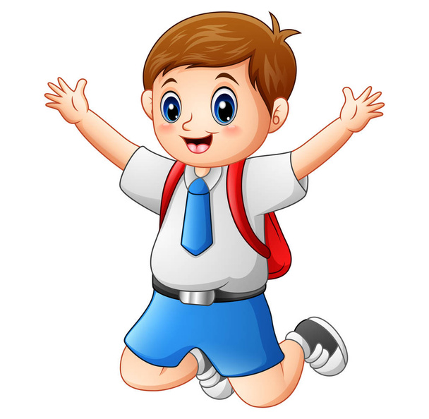 Um menino bonito em um uniforme escolar está pulando
 - Vetor, Imagem