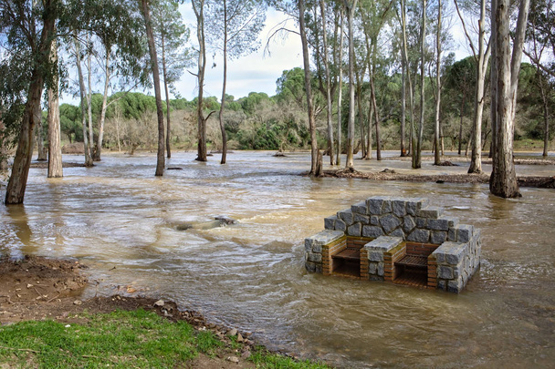 Inundação do rio Yeguas perto do reservatório hidroeléctrico central de Encinarejo, perto de Andujar, Serra Morena, província de Jaen, Andaluzia, Espanha
 - Foto, Imagem