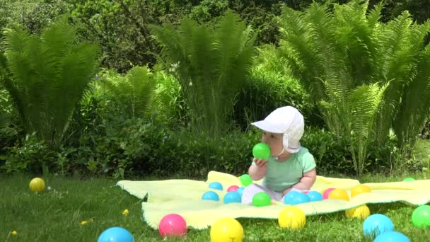 chlapeček se bavit mezi barevné koule na přehoz u kapradí rostliny. 4k - Záběry, video