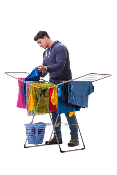 Husband man doing laundry isolated on white - 写真・画像
