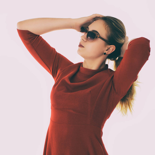 Young pretty woman, sunglasses, white background - Zdjęcie, obraz