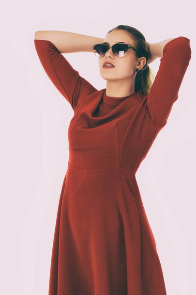 Young pretty woman, sunglasses, white background - Φωτογραφία, εικόνα