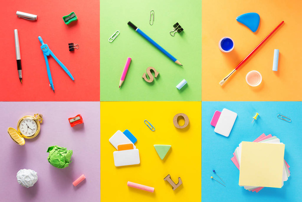 school supplies on colorful template - 写真・画像