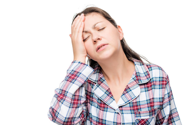 Portrait d'une femme avec une forte migraine, massage des doigts avec
 - Photo, image