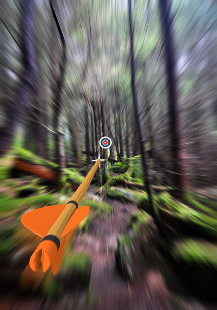 Pfeil im Fokus fliegt an Bäumen vorbei zu einem Bogenschießziel im Hintergrund, Teil Foto, Teil 3D Rendering - Foto, Bild