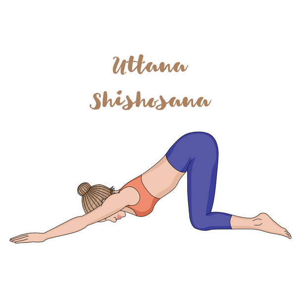Women silhouette. Extended Puppy yoga pose. Uttana Shishosana - Vector, imagen