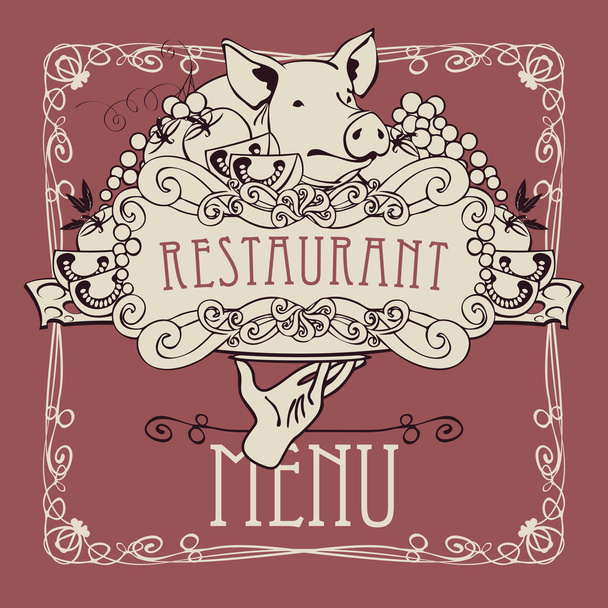 menu with hand, tray, still life and pigs head - Vector, imagen