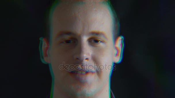 Face of a smiling man, a distorted random characters. Concept: a glitch in the matrix. glitch chromatic aberration - Footage, Video
