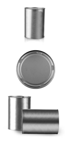 Set van grijze metalen blikken voor de opslag van vloeistoffen - Foto, afbeelding
