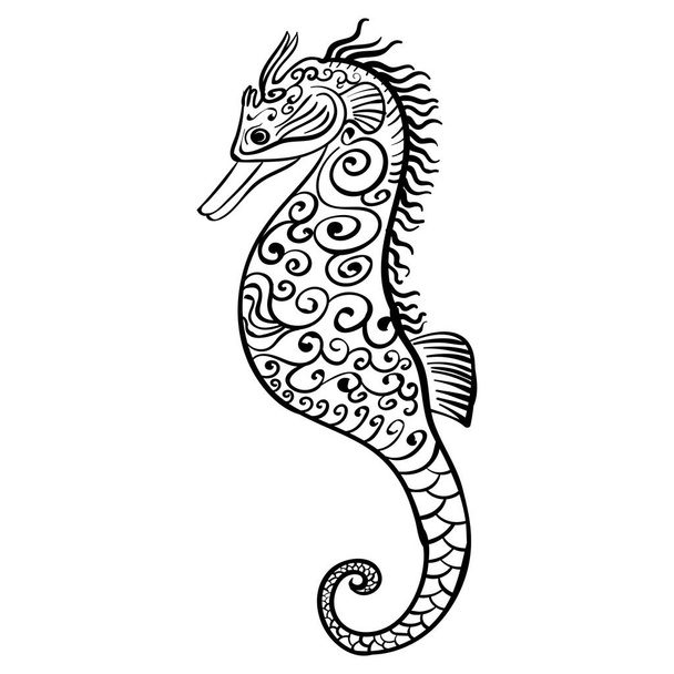 stilisierte schwarz-weiße Ikone eines Seepferdchens - Vektor, Bild