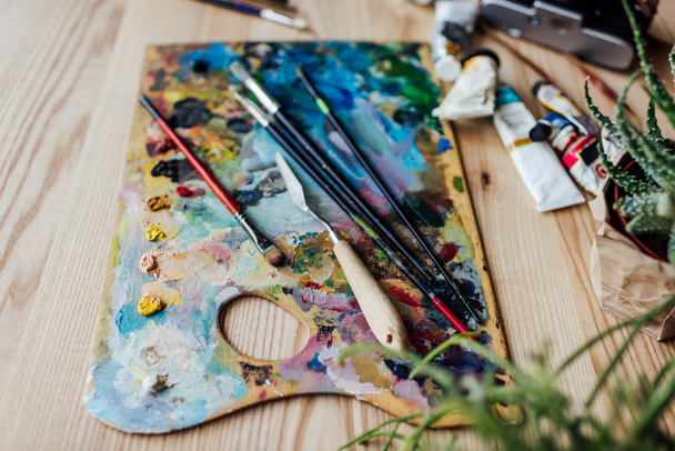 Palette of artist with paint brushes - Photo, Image