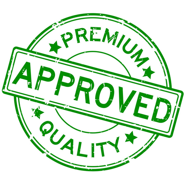 Grunge groene Premiumkwaliteit goedgekeurd ronde rubber zegel stempel op witte achtergrond - Vector, afbeelding