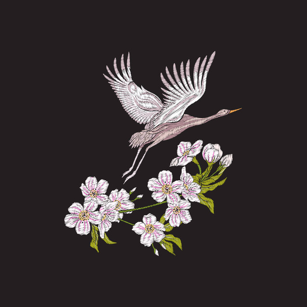 Embroidery flowers and crane on black background. - Vetor, Imagem