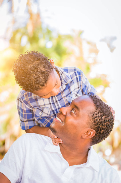 Misto de raça filho e afro-americano pai jogando ao ar livre juntos
. - Foto, Imagem