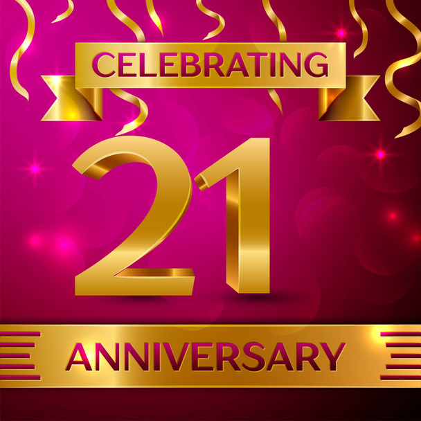 Twenty one Years Anniversary Celebration Design. Confetti and golden ribbon on pink background. Colorful Vector template elements for your birthday party. Anniversary ribbon - Vector, Image
