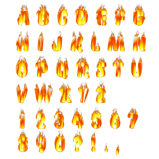 Αγγλικό αλφάβητο και χαρακτήρες γίνονται από πυρκαγιά που απομονώνονται σε λευκό φόντο. Αρχική γραμματοσειρά για το κείμενο  - Φωτογραφία, εικόνα