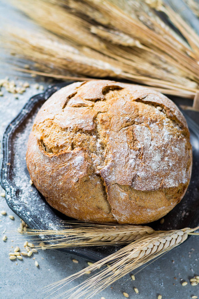 Frissen sült, hagyományos kenyér és a búza fül  - Fotó, kép