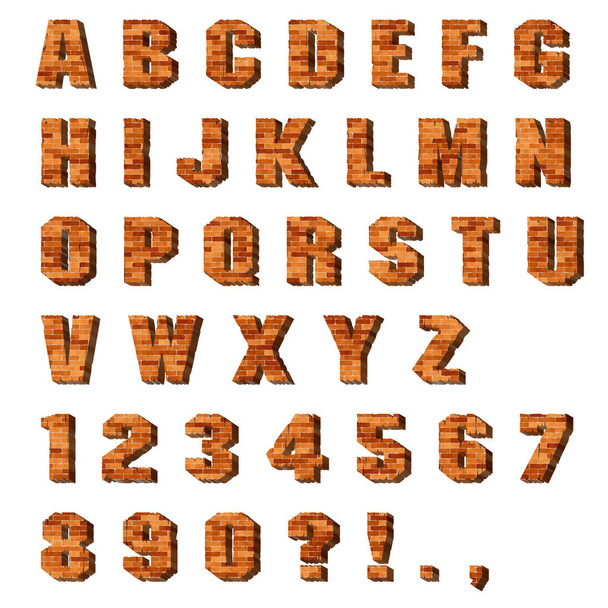 Αγγλικό αλφάβητο και χαρακτήρων φτιαγμένων από πλινθοδομή που απομονώνονται σε λευκό φόντο. Αρχική γραμματοσειρά για το κείμενο  - Φωτογραφία, εικόνα