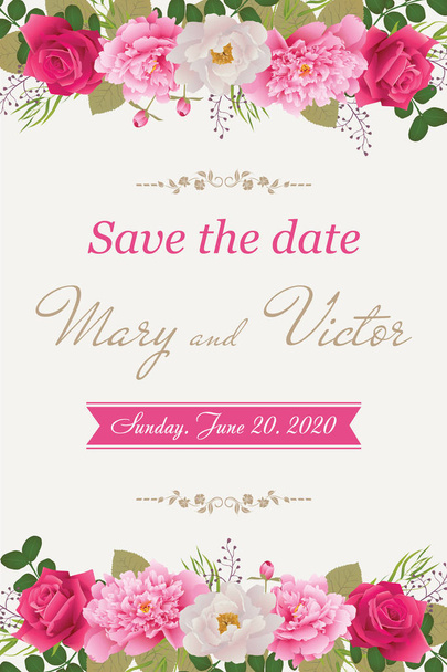 Hochzeitseinladungskarten mit Blumen. (Verwendung für Bordkarte, Einladungen, Dankeschön-Karte) Vektorillustration. - Vektor, Bild