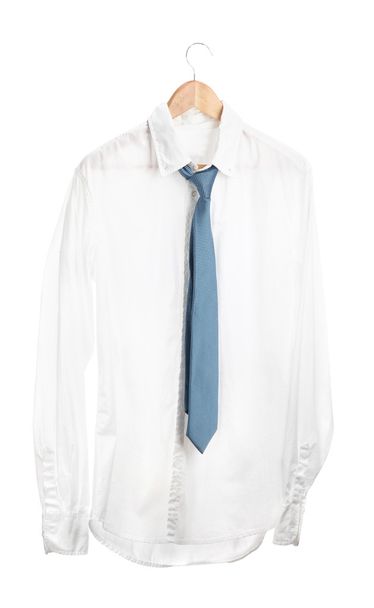 shirt with tie on wooden hanger isolated on white - Valokuva, kuva
