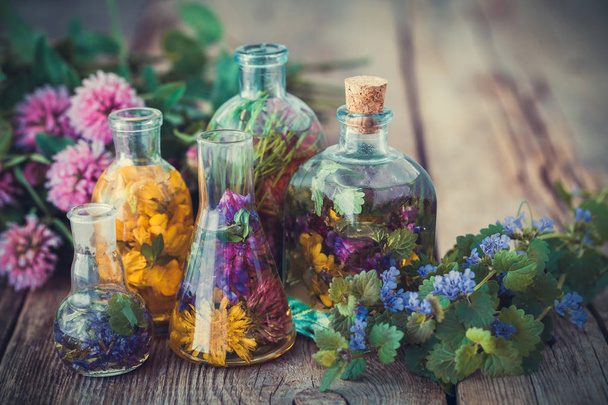 Bottles of tincture or infusion of healthy herbs, healing herbs on table. Herbal medicine. - Fotoğraf, Görsel