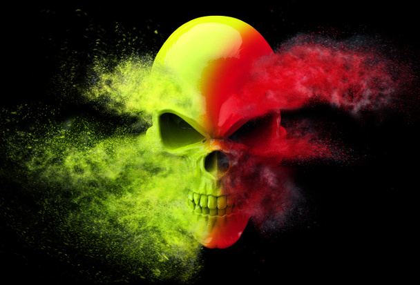 Wütender Schädel explodiert in rote und grüne Teilchen - Foto, Bild
