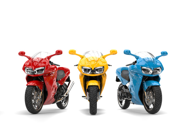Vélos super sport modernes rouges, jaunes et bleus - vue de face
 - Photo, image