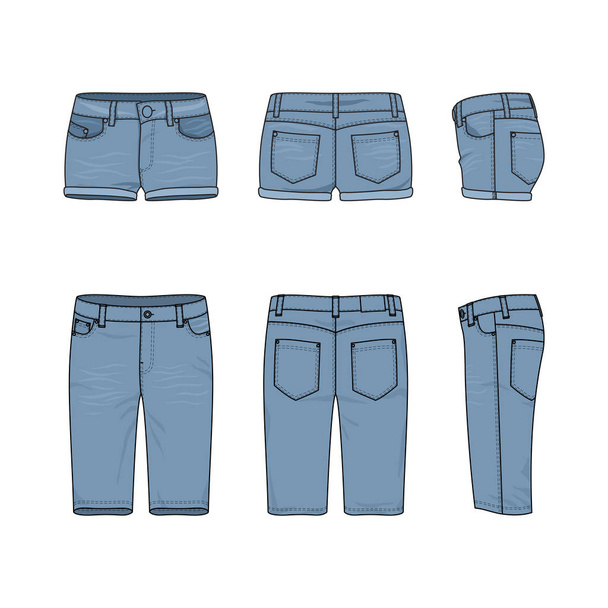 男性と女性のジーンズのショート パンツのセット. - ベクター画像