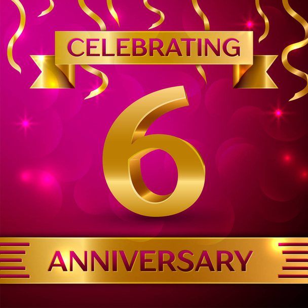 Six Years Anniversary Celebration Design. Confetti and golden ribbon on pink background. Colorful Vector template elements for your birthday party. Anniversary ribbon - Vector, Image