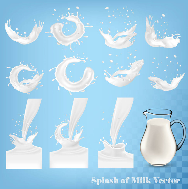 Salpicadura de leche y jarra sobre fondo transparente. Conjunto de vectores
 - Vector, imagen