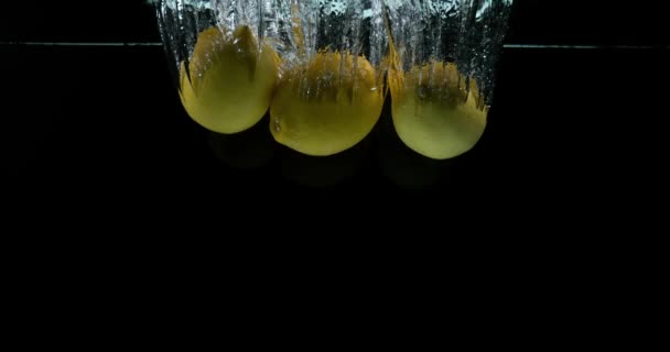 Yellow Lemons, citrus limonum, Fruits falling into Water against Black Background, Slow Motion 4K - Video