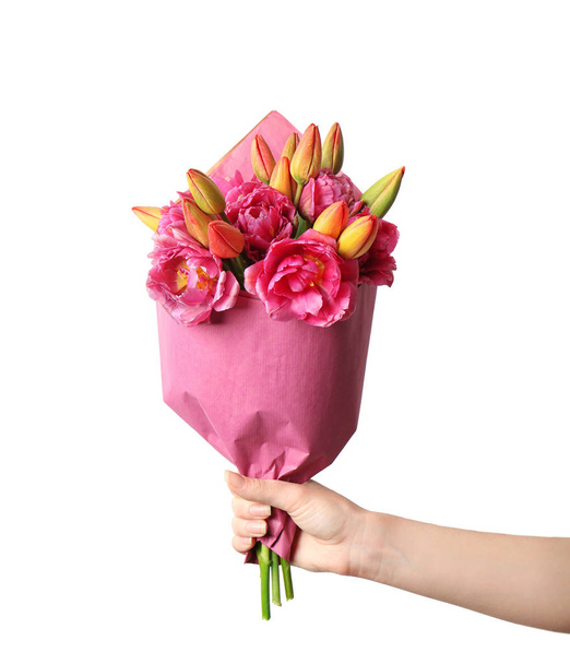 hand holding bouquet of fresh tulips  - Фото, изображение