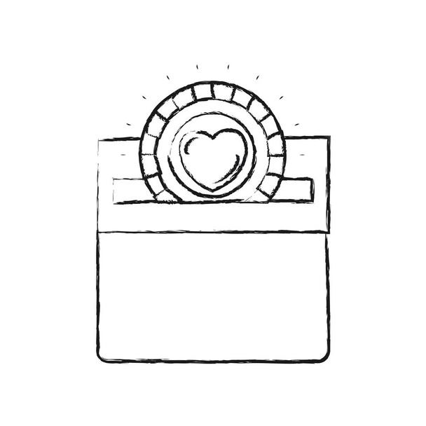 silhueta borrada moeda plana com símbolo do coração no interior depositando na ranhura retangular da caixa de papelão
 - Vetor, Imagem