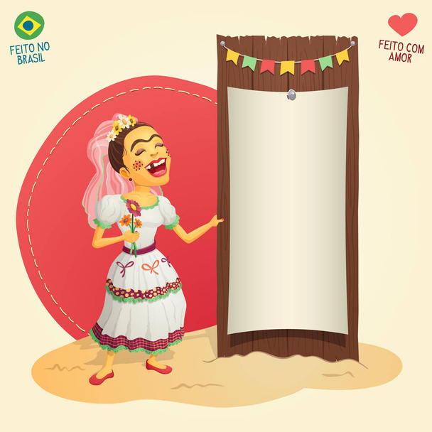 Brazilian June Party hick bride holding blank thematic board - Vector, Image
