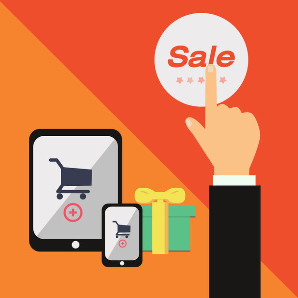 Business hand push on sale label with mobile commerce and orange - Vector, Image
