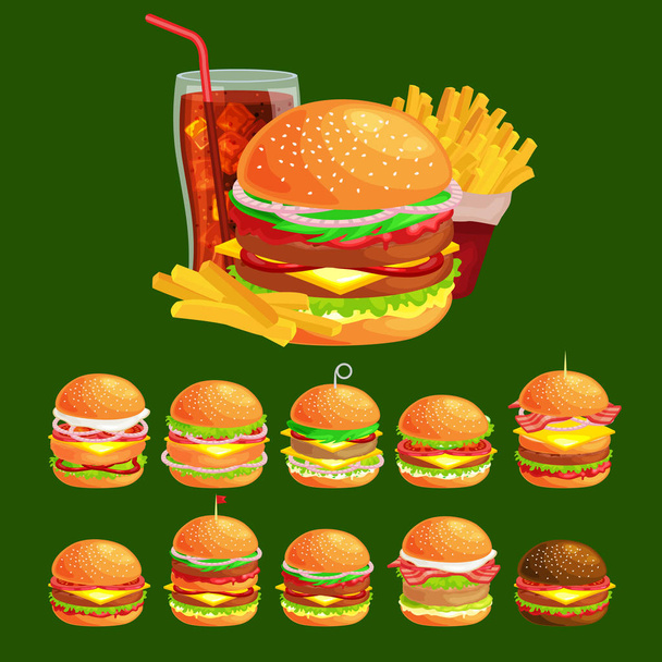Set of tasty burgers grilled beef and fresh vegetables dressed with sauce bun for snack, american hamburger fast food meal French fries with cold brown ice soda drink vecor illustration background - Vector, Image