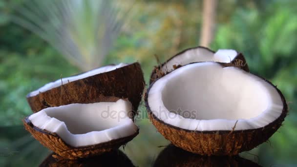 Kookospähkinät mustalla lasipöydällä erotettu hämärtyneen palmujen taustan yli
 - Materiaali, video